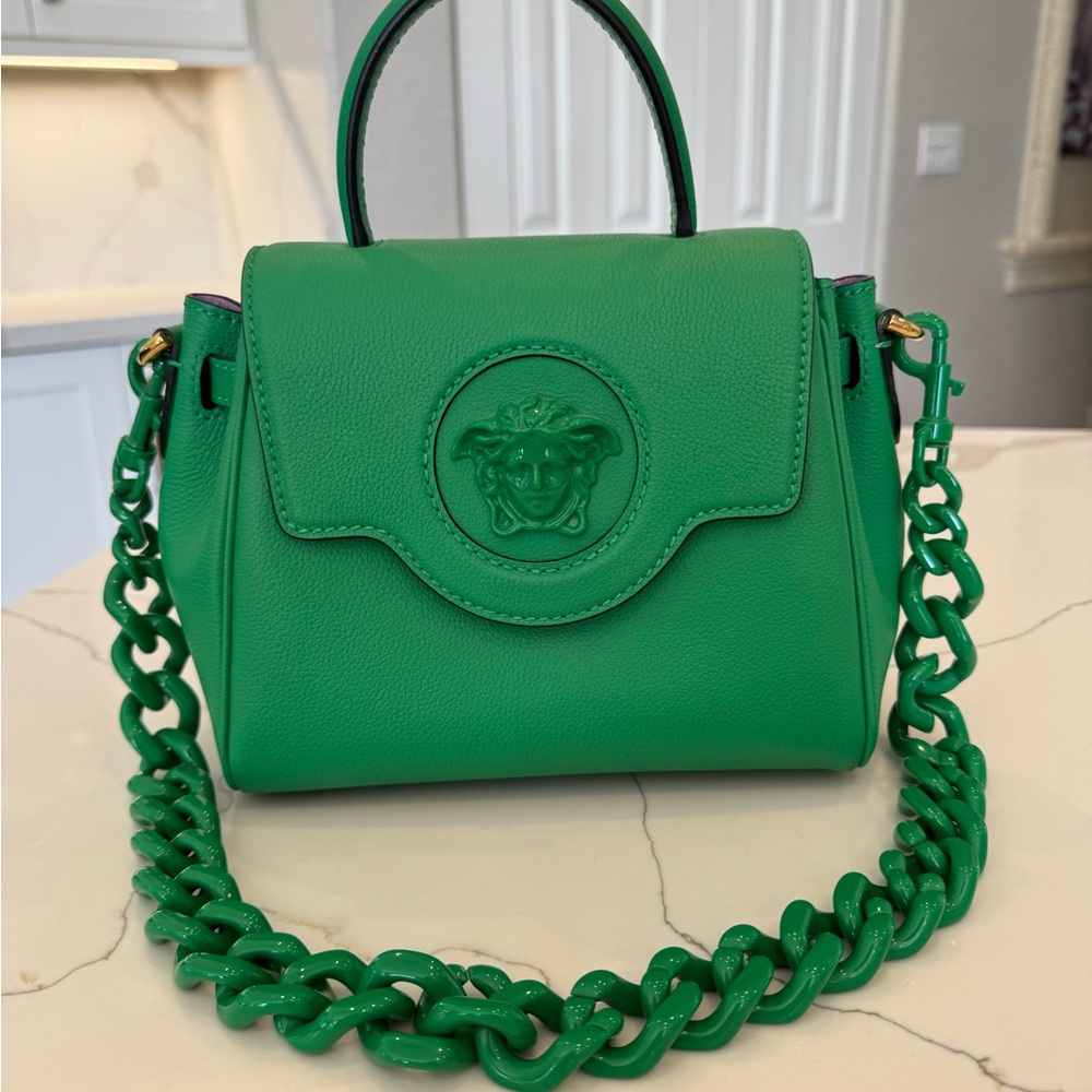 Versace La Medusa Small Vibrant Green Top Handle Bag with Chain Strap